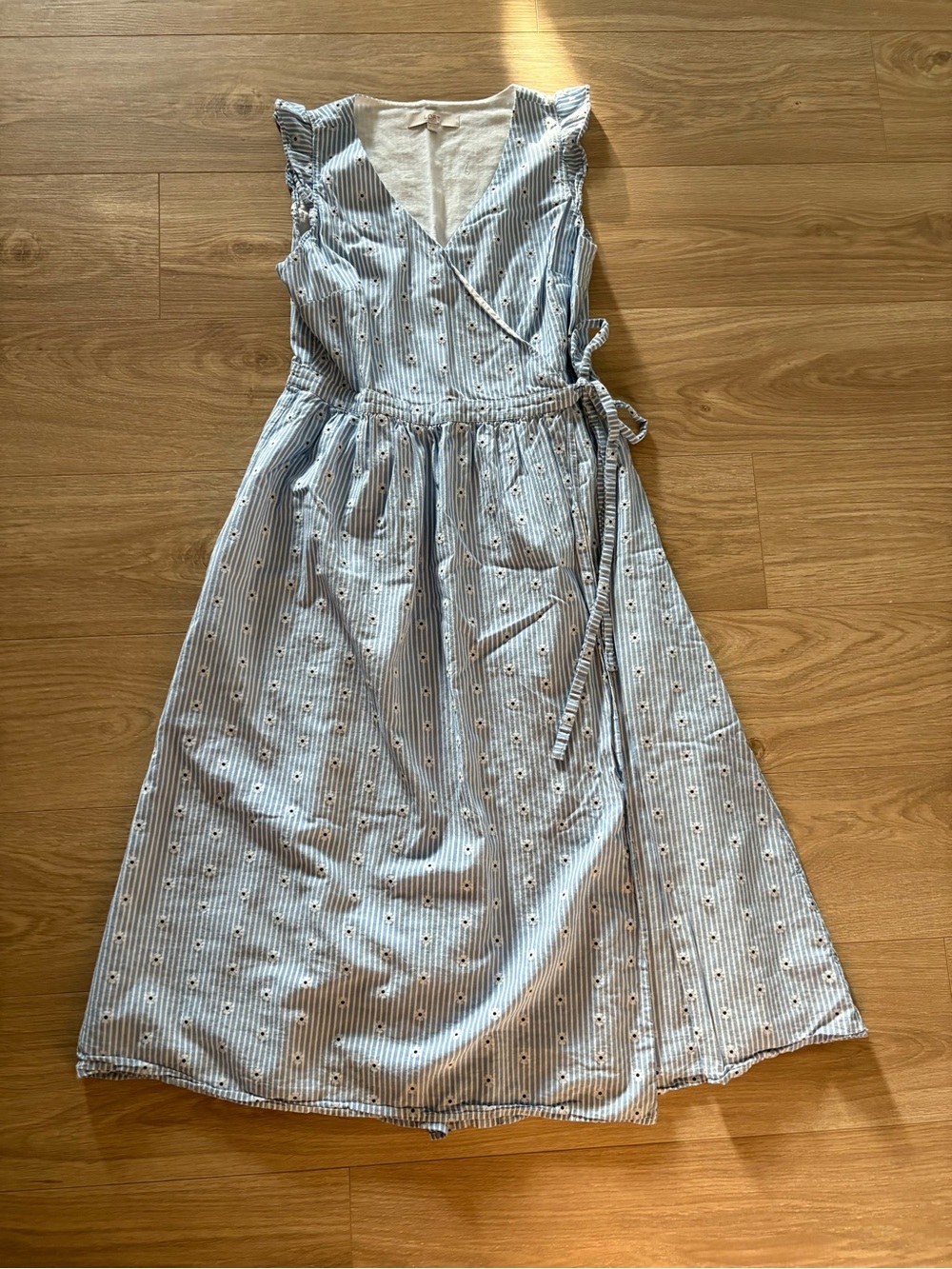 LOFT Light Blue Striped Wrap Midi Dress with Eyelet Details